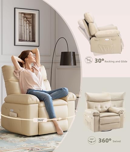Electric Swivel Massage Chair, Power Rocking Recliner with Vibration and Heating, PU Leather Single Sofa with USB Port T171945