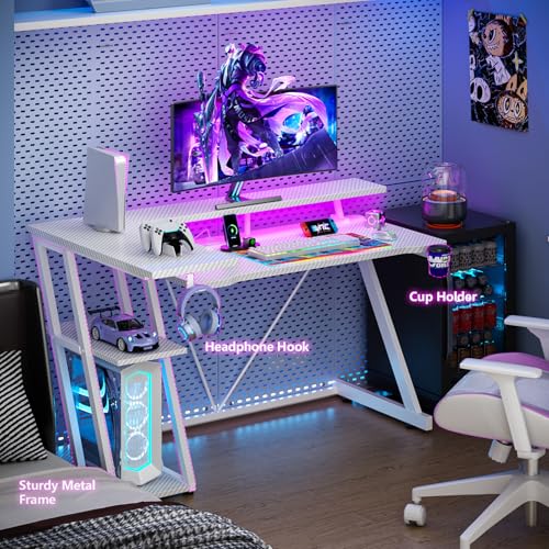 L Shaped Gaming Desk with Power Outlet and LED Lights Y52619