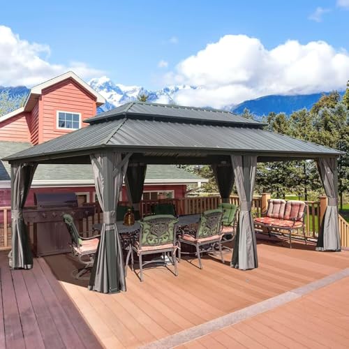 10 x 10 ft Hardtop Gazebo with Netting and Curtains, Galvanized Steel Roof for Patio K80436