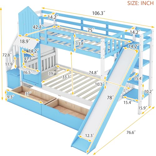 Kids Bunk Bed with Stairs and Slide, Twin Over Twin, Gray O540