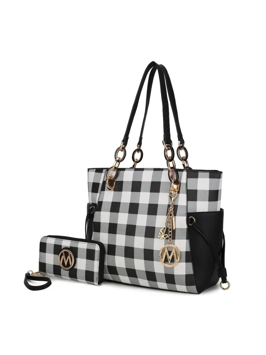 Checkered Tote Handbag with Wallet Z717