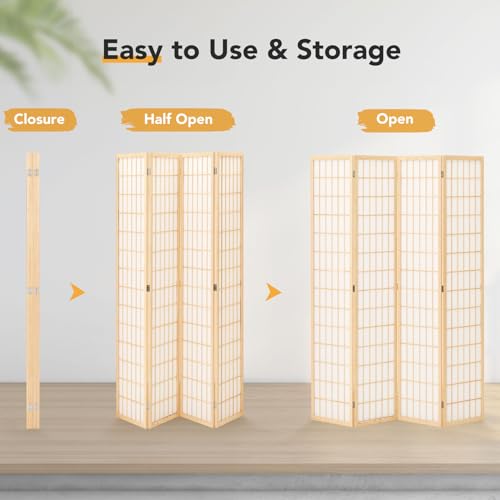 6 Panel Folding Room Divider, Japanese Shoji Screen, 5.9 Ft, Natural T81976