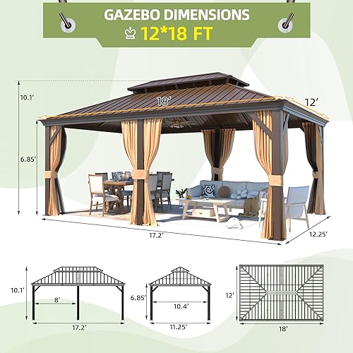 12x16 ft Hardtop Gazebo with Double Roof, Curtains and Netting T94173