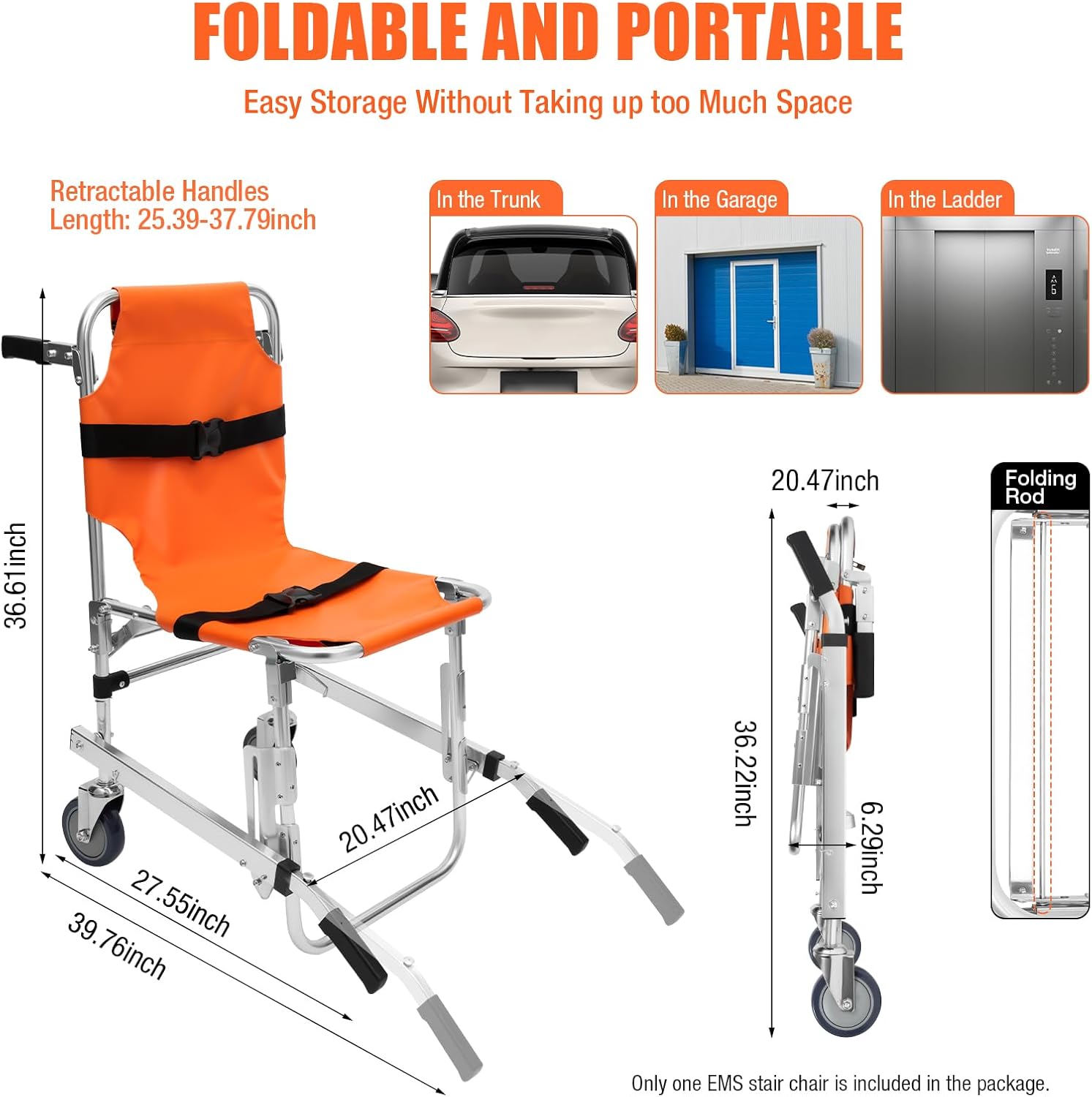 Stair Chair 2-Wheel Orange Foldable Transport Wheelchair for Hospitals M6639