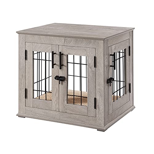 Wooden Dog Crate End Table with Double Doors and Pet Bed E595686
