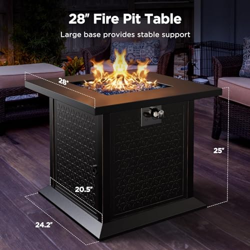 28" Propane Fire Pit Table with Cup Holders, 50,000 BTU, Glass Stones & Cover Y41070