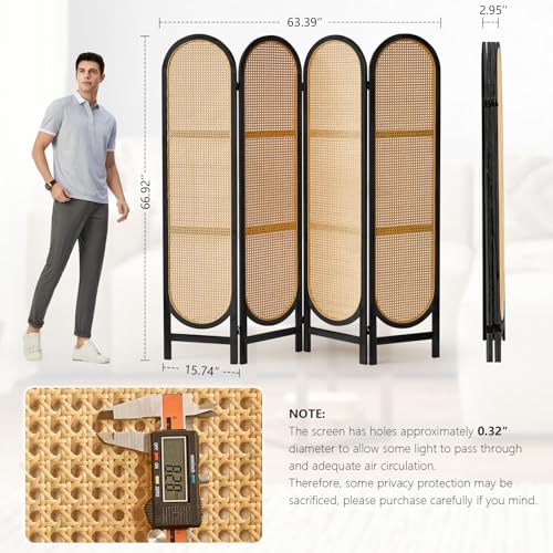 Foldable Wooden Room Divider, Hand-Woven Rattan Privacy Screen Q240970