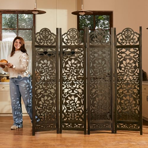 Wood Carved Room Divider 4 Panel Folding Partition Screen X503933