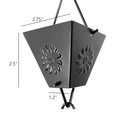 Rain Chain for Gutters, 8.5ft Metal, Black Powder Coated with Sunflower Cups O5797