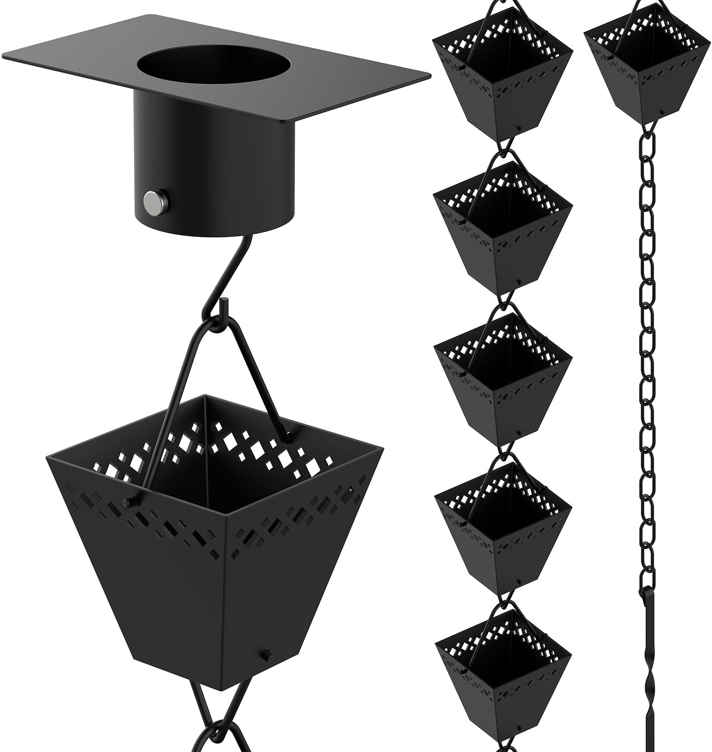 Rain Chain Kit w/ Adapter & Extension | Black Powder Coated Rain Chains for Gutters 10 ft | Rain Chain | Rain Chains | Gutter Chain Downspout | Rain Chains for Outside | Rain Catcher | Rain Chimes