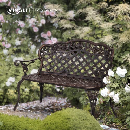 Outdoor Bench, Antique Cast Aluminum Garden Seating for 2-3 People O329814