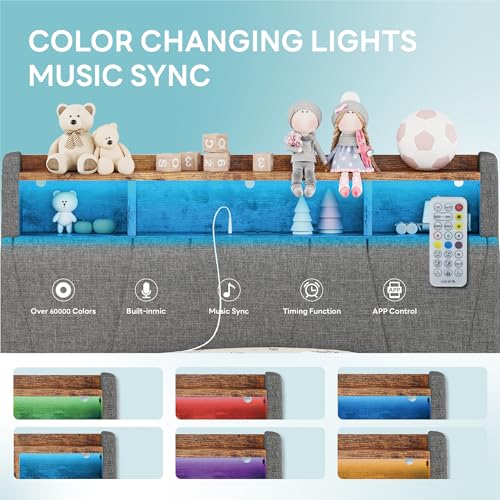 Twin Bed Frame with 2 Storage Drawers, Charging Station and LED Lights, Upholstered Platform Bed with Storage Headboard, No Box Spring Needed M8748