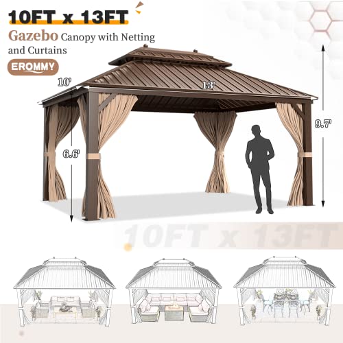 12x20 ft Hardtop Gazebo Double Roof Galvanized Steel Canopy Outdoor Aluminum Frame with Netting and Curtains X191579