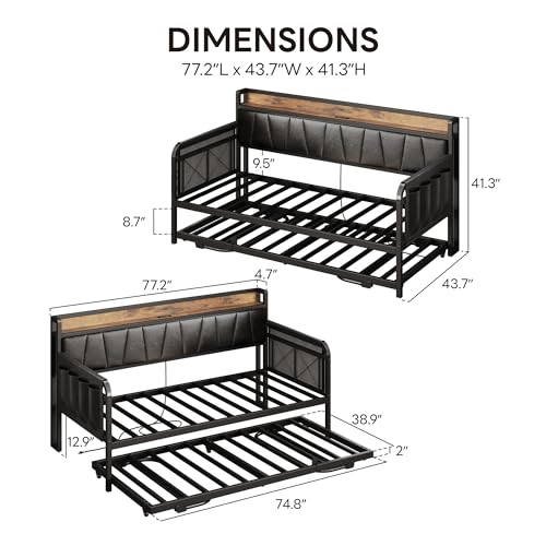 Daybed with Trundle Bed, Twin Bed Frame with Storage Headboard and Charging Station, Grey S3738