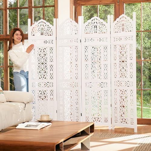Wood Carved Room Divider 4 Panel Folding Partition Screen X503933