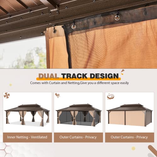 12x20 ft Hardtop Gazebo Double Roof Galvanized Steel Canopy Outdoor Aluminum Frame with Netting and Curtains X191579