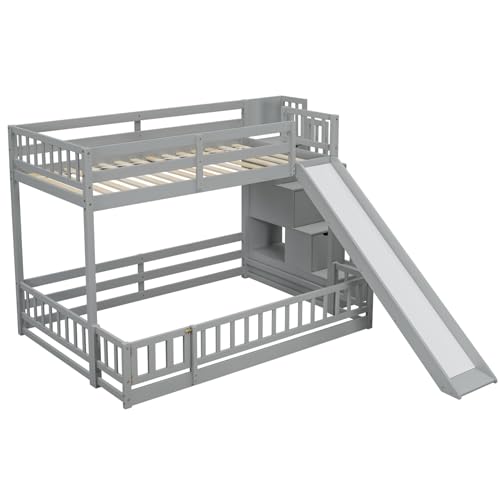Twin Over Full Size Wooden Bunk Bed with Slide and Storage Stairs N394