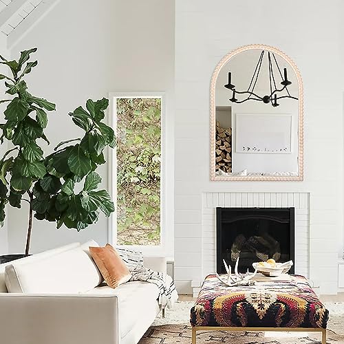 24"x36" Arch Wall Mirror with White Wooden Beads, Rustic Distressed P639802