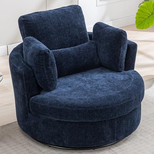 Oversized Swivel Barrel Chair with Ottoman, Chenille, Beige M813