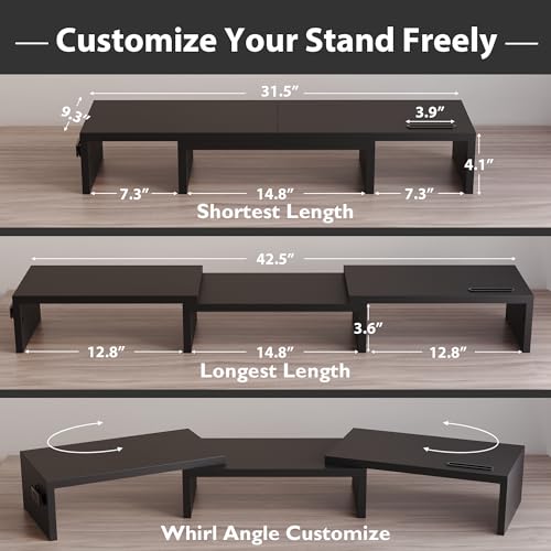 Dual Monitor Stand Riser with Smartphone Holder, Adjustable Wooden Desk Organizer B984
