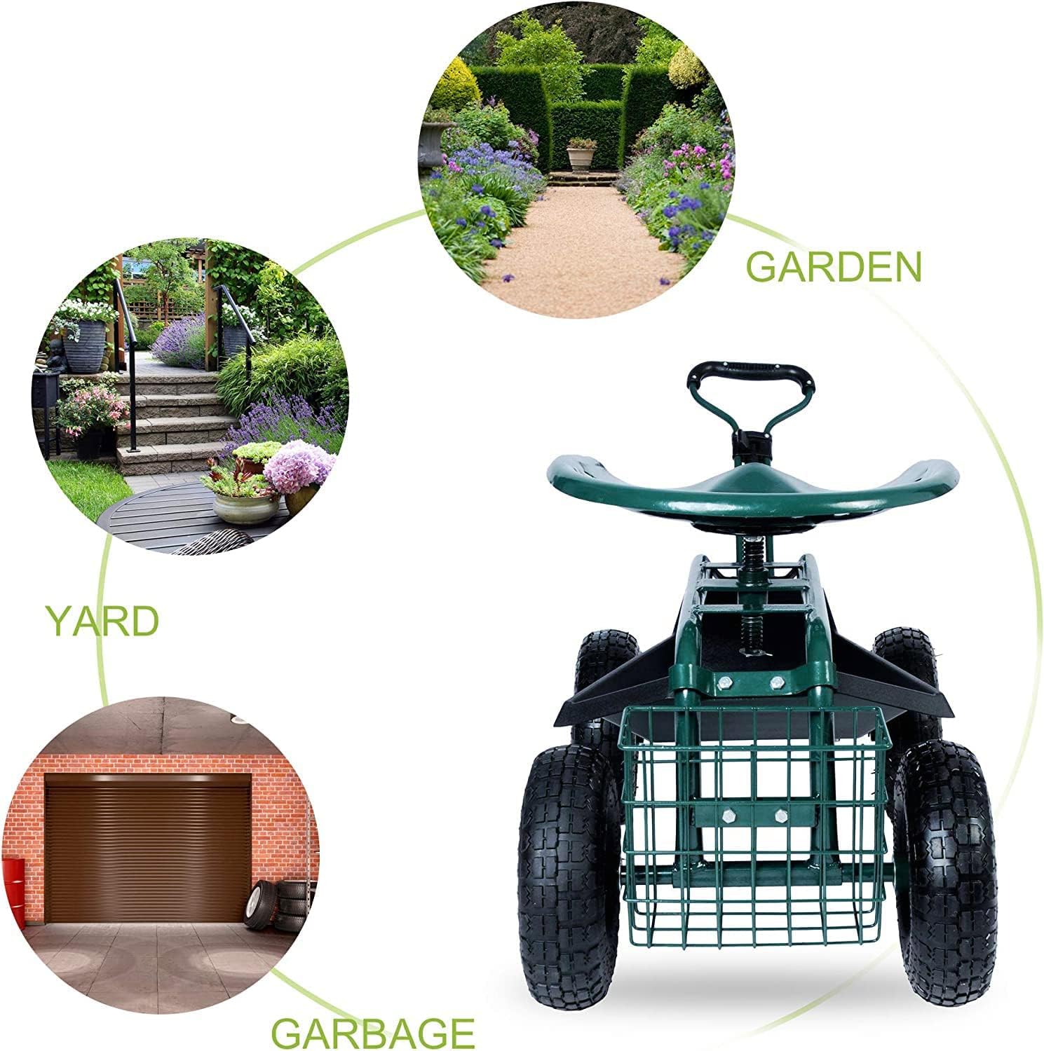 Rolling Garden Stool Cart with Tool Tray and Storage Basket N712