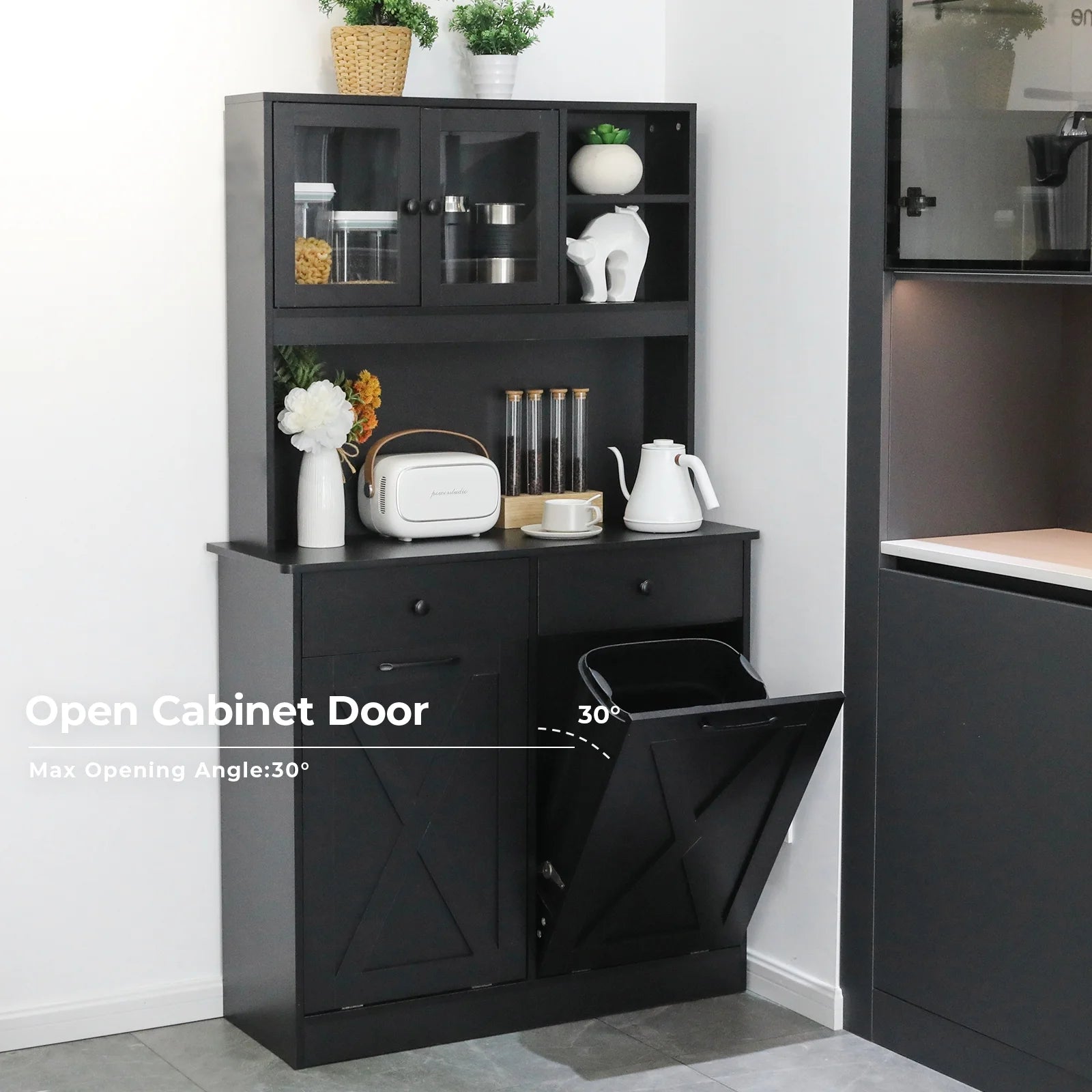 Kitchen Pantry Storage Cabinet with Double Tilt Out Trash Bin Holder R378