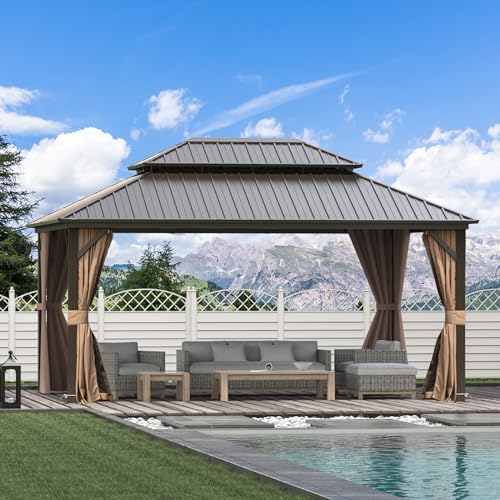 10 x 10 ft Hardtop Gazebo with Netting and Curtains, Galvanized Steel Roof for Patio K80436