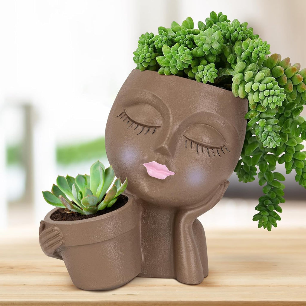 Face Planter Pot, Head Flower Pots Planters for Indoor Outdoor Plants Double Resin Cute Lady Face with Drainage Hole for Succulent DIY Gifts (Brown)