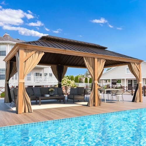 12x16 ft Hardtop Gazebo with Double Roof, Curtains and Netting T94173