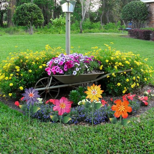Metal Flower Garden Stakes, 4 Pcs 19" Outdoor Yard Decor with Shaking Heads N631