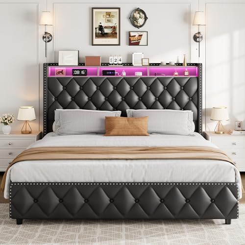Queen Bed Frame with Tall Headboard, Velvet Upholstered, 4 Storage Drawers Y5950