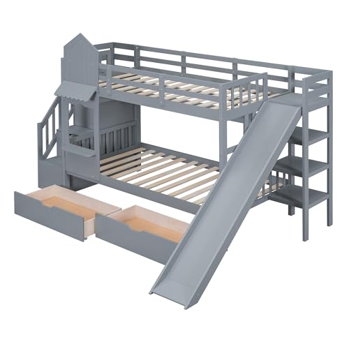 Kids Bunk Bed with Stairs and Slide, Twin Over Twin, Gray O540