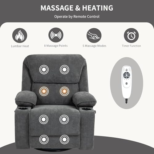 Massage Recliner Chair with Heat, Swivel Rocking, Cup Holders L468