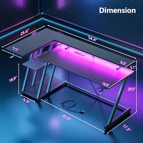 L Shaped Gaming Desk with Power Outlet and LED Lights Y52619
