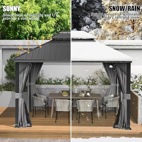 10 x 10 ft Hardtop Gazebo with Netting and Curtains, Galvanized Steel Roof for Patio K80436