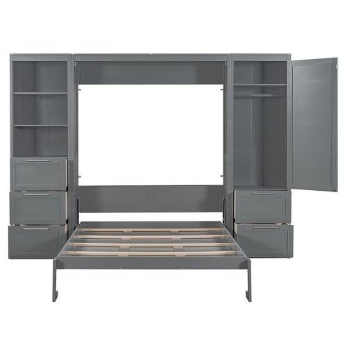 Murphy Bed Queen Size with Built-in Shelves, Storage Drawers and Wardrobe, Grey A491