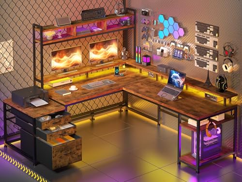 Large L Shaped Gaming Desk with Hutch and Drawers, 64" Reversible Computer Desk with Storage Shelves, Monitor Stand and LED Light for Home Office, Power Outlets, White V6783