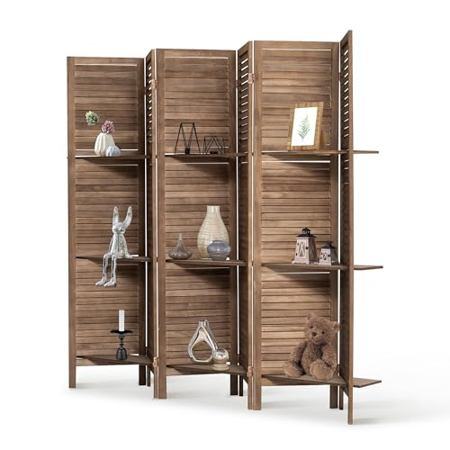 6 Panel Wooden Room Divider with Shelves P850285