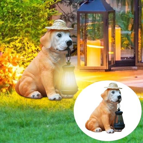 Resin Dog Statue with Straw Hat and Solar Lantern for Garden Yard Decor M4436