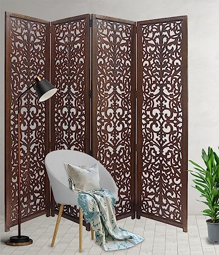 4 Panel Folding Wood Room Divider, Antique Brown, 72 x 80 P209