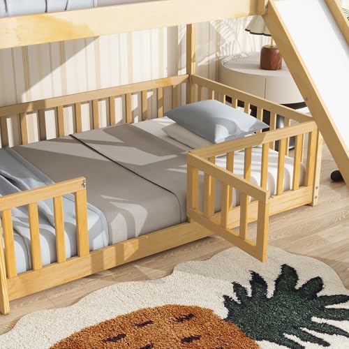 Twin Over Full Size Wooden Bunk Bed with Slide and Storage Stairs N394