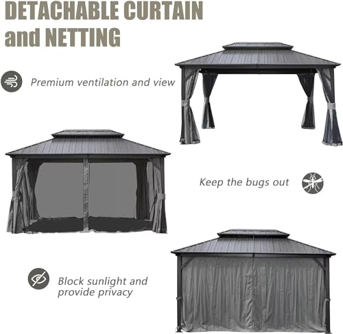 10 x 10 ft Hardtop Gazebo with Netting and Curtains, Galvanized Steel Roof for Patio K80436