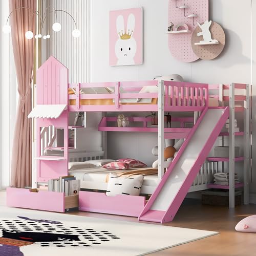 Kids Bunk Bed with Stairs and Slide, Twin Over Twin, Gray O540