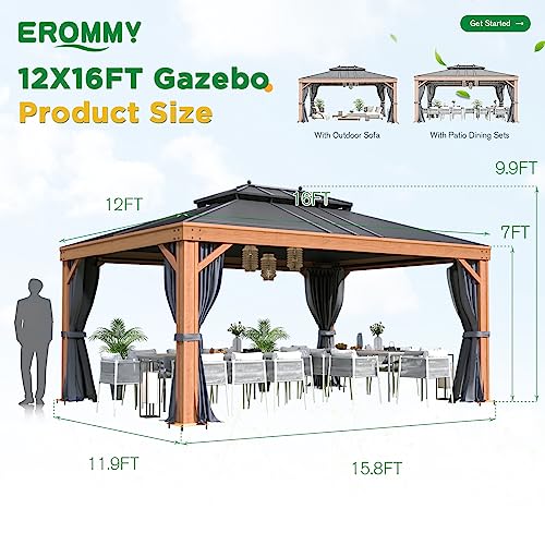 12x20 ft Hardtop Gazebo Double Roof Galvanized Steel Canopy Outdoor Aluminum Frame with Netting and Curtains X191579