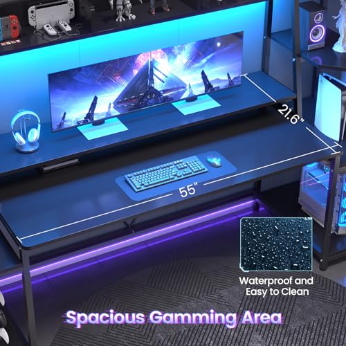 Gaming Desk with LED Lights, Hutch and Storage Shelves, Black O742