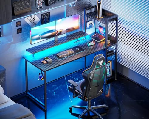 Reversible Gaming Desk with USB Charging Port and LED Lights, 40 Inch Computer Desk with Storage Shelves M571