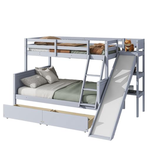 Twin Over Full Size Wooden Bunk Bed with Slide and Storage Stairs N394