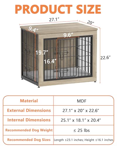 Dog Crate Furniture with Cushion, Heavy-Duty Metal Mesh, Wooden End Table with Double Doors, Indoor Kennel for Small Breed, Grey M3321