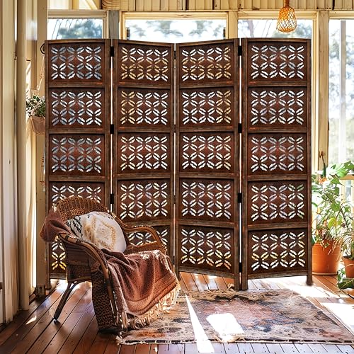 4 Panel Folding Wood Room Divider, Antique Brown, 72 x 80 P209