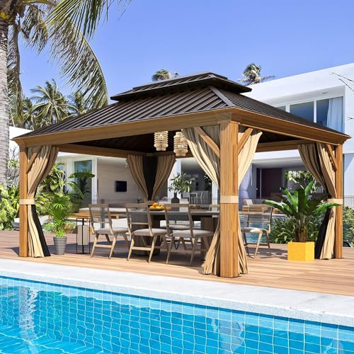 12x16 ft Hardtop Gazebo with Double Roof, Curtains and Netting T94173